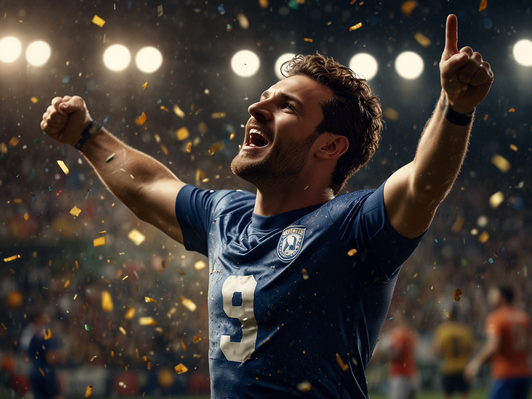 Athlete celebrating a winning bet in stadium lights
